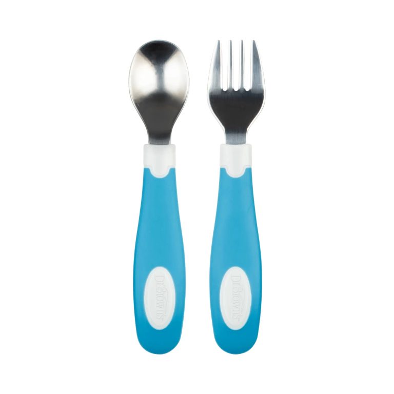 Set Tenedor y Cuchara agrarre suave 12M+ (Azul/Blanco) Dr. Brown's