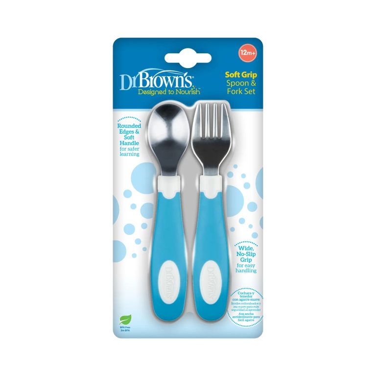 Set Tenedor y Cuchara agrarre suave 12M+ (Azul/Blanco) Dr. Brown's