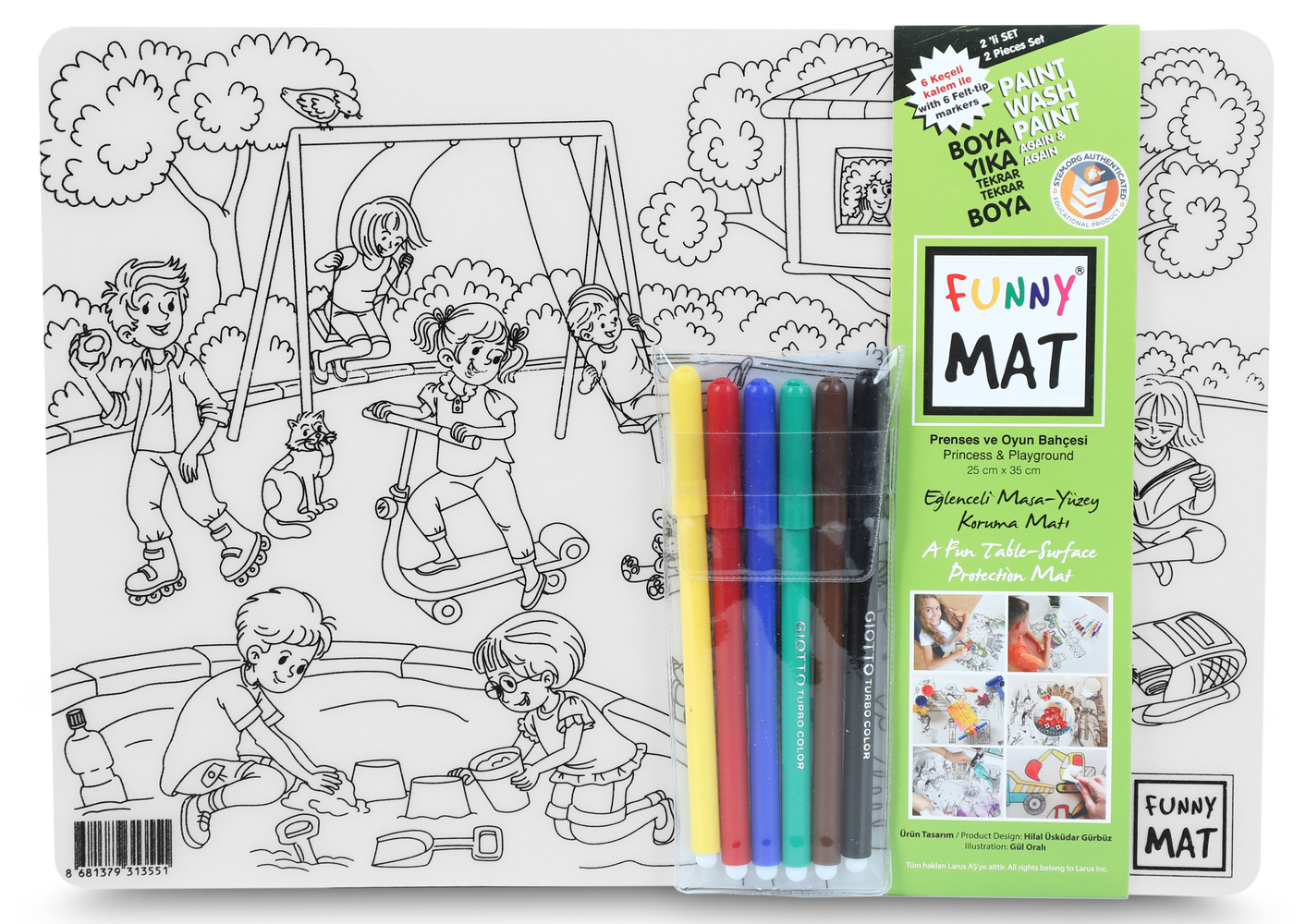 Pack 2 Tapetes Reutilizables para Colorear Princesa y Patio de Juegos, con 6 Lápices (+3 Años) Funny Mat