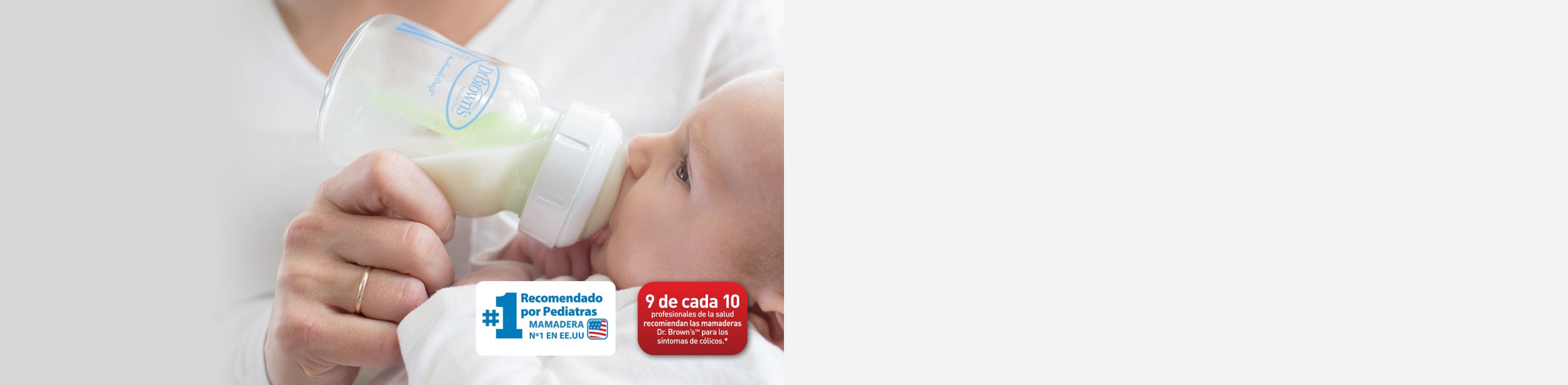 Mamá alimenta a su guagua con una mamadera Dr. Brown's; insignias «Nº1 recomendado por pediatras» y «9 de cada 10 profesionales de la salud recomiendan las mamaderas Dr. Brown's»