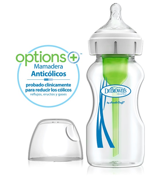 Mamadera Options+ boca ancha 270 ml Dr. Brown's con su sistema de ventilación y tapa, junto al sello «Mamadera anticólicos, probado clínicamente para reducir los cólicos»