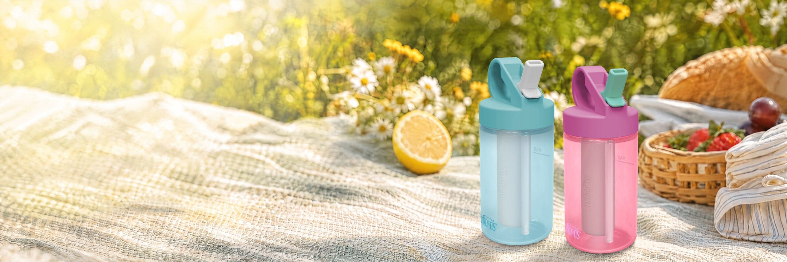 Vasos deportivos Dr. Brown's con barra para congelar, en azul y rosado, sobre una manta de picnic al sol