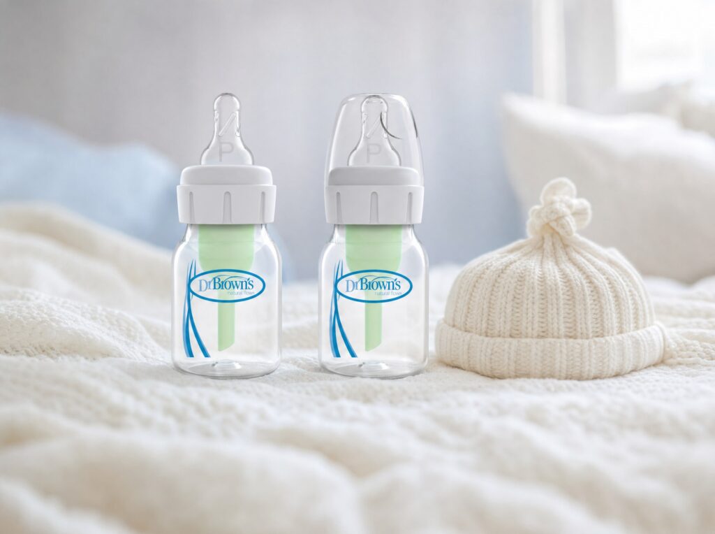 Mamaderas Dr. Brown's de 60 ml para prematuros y mamadera de alimentación especial sobre una manta tejida, junto a un gorrito