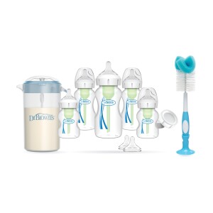 Set Recién Nacido Boca Ancha Anticólico + Cepillo + Jarra para Mezclar Leche Azul (imagen del set)