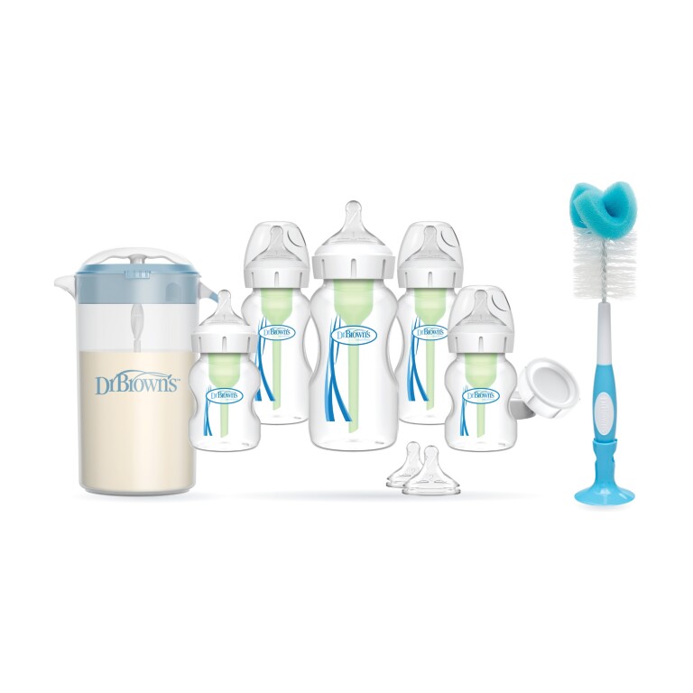 Set Recién Nacido Boca Ancha Anticólico + Cepillo + Jarra para Mezclar Leche Azul (imagen del set)