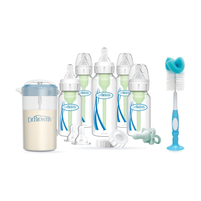 Set Recién Nacido Estándar Anticólico + Cepillo + Jarra para Mezclar Leche Azul (imagen del set)