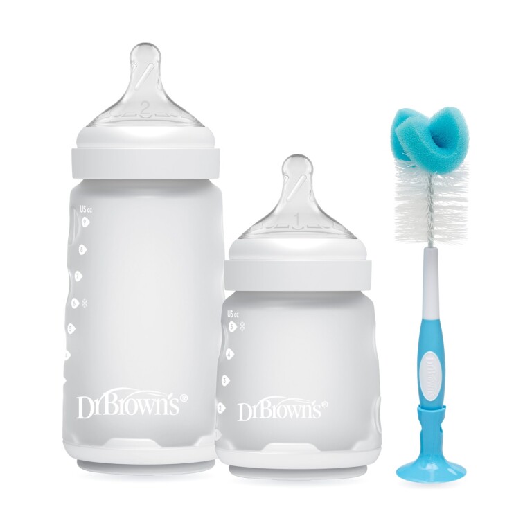 Set Nueva Línea Silicona: Mamaderas Boca Ancha Silicona 150 ml y 270 ml Marfil + Cepillo (imagen del set)