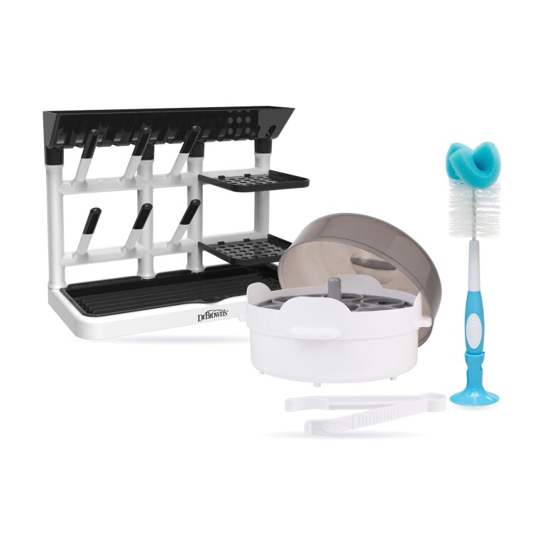 Set Esterilizar y Secar: Esterilizador Microondas 4 Mamaderas + Rack de Secado Universal + Cepillo (imagen del set)