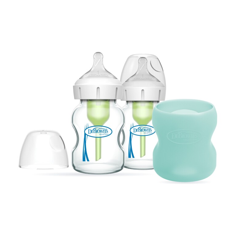 Pack 2 Mamaderas Anticólico Boca Ancha Vidrio 150ml + Funda Menta (Unisex) (imagen del set)