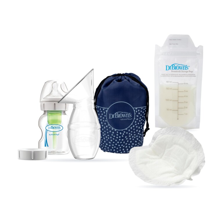 Set Lactancia: Extractor de Leche Manual con Mamadera Boca Ancha 150 ml + Bolsas para Leche Materna 25UN + Absorbentes 30UN (imagen del set)