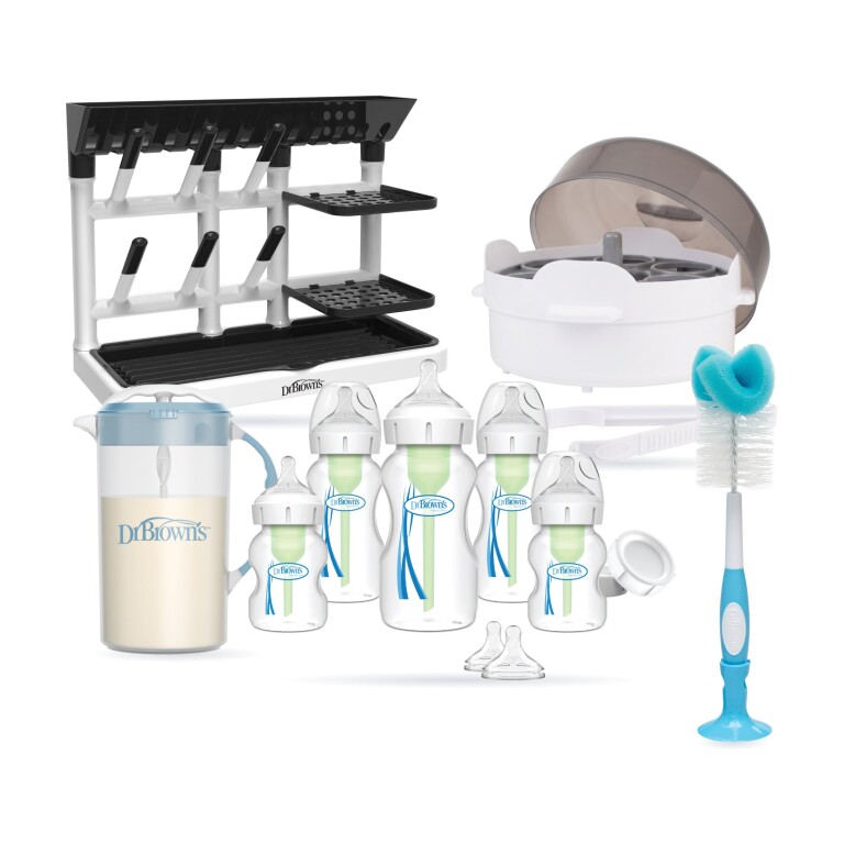Set Recién Nacido Completo Boca Ancha: Set Recién Nacido + Esterilizador Microondas + Rack de Secado + Jarra + Cepillo (imagen del set)