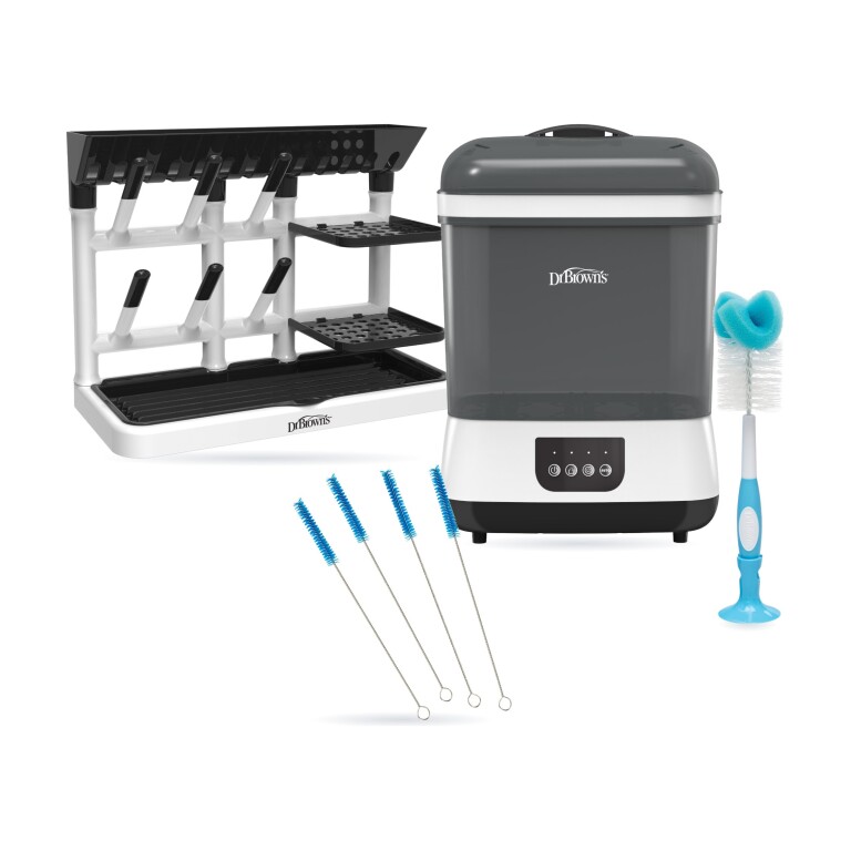 Set Esterilización Eléctrica: Esterilizador y Secador Eléctrico 6 Mamaderas + Rack de Secado + Cepillo + Cepillitos de Ventilación (imagen del set)