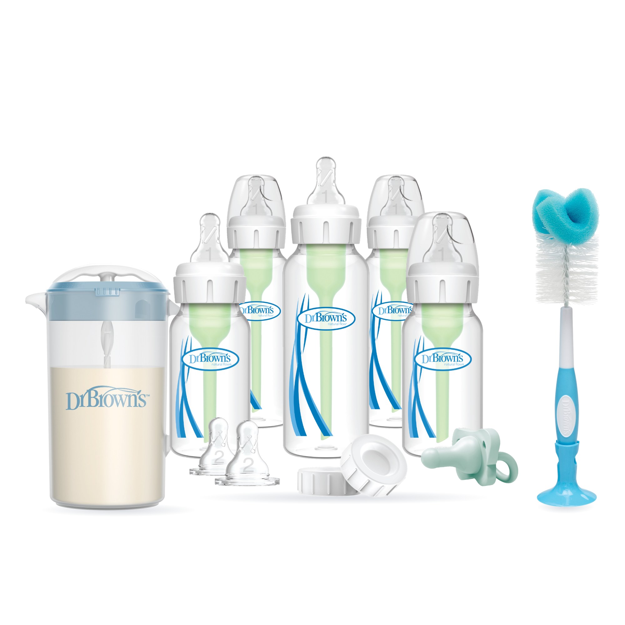 Set Recién Nacido Estándar Anticólico + Cepillo + Jarra para Mezclar Leche Azul (imagen del set)