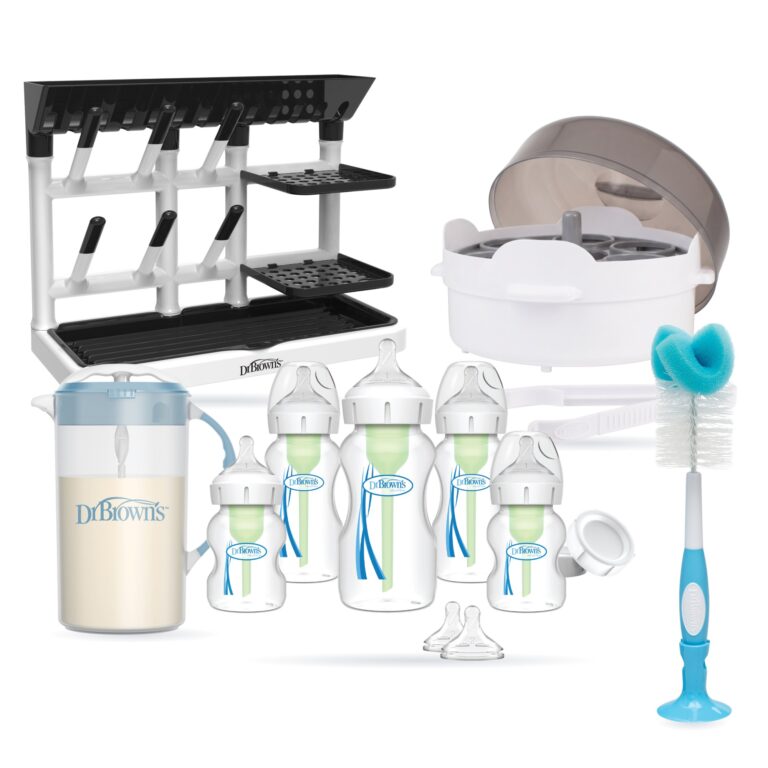 Set Recién Nacido Completo Boca Ancha: Set Recién Nacido + Esterilizador Microondas + Rack de Secado + Jarra + Cepillo (imagen del set)