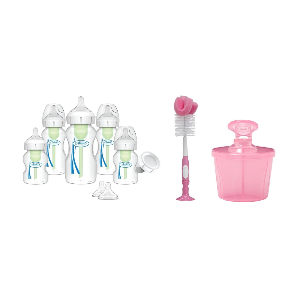 Set Recién Nacido Boca Ancha Anticólico + Cepillo + Dosificador de Leche Rosado